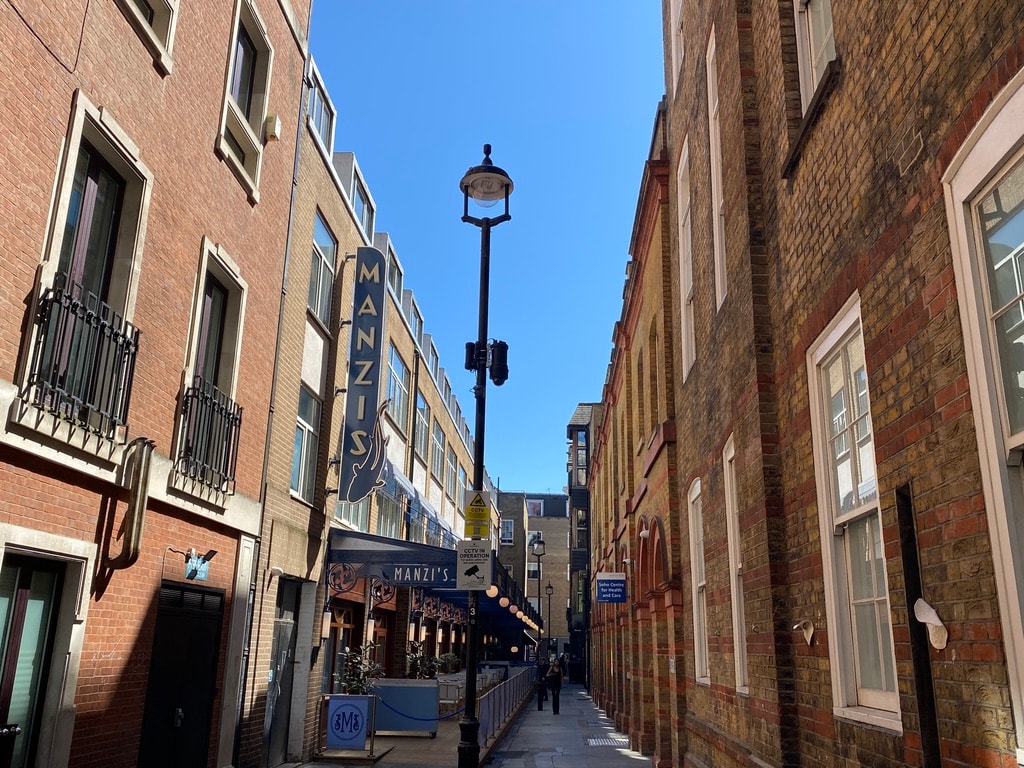 Soho alleyway with Manzi's sign