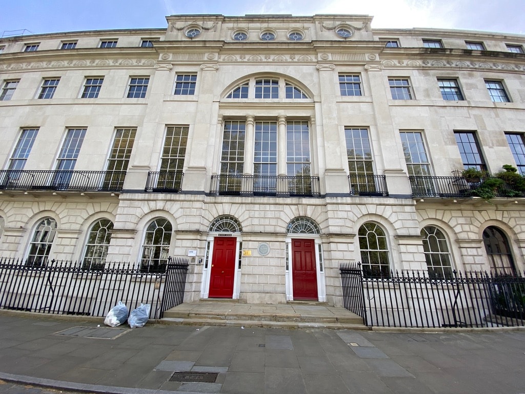 Grand Georgian building with red doors, Fitzrovia