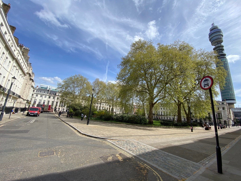 Fitzroy Square with BT Tower and plane trees
